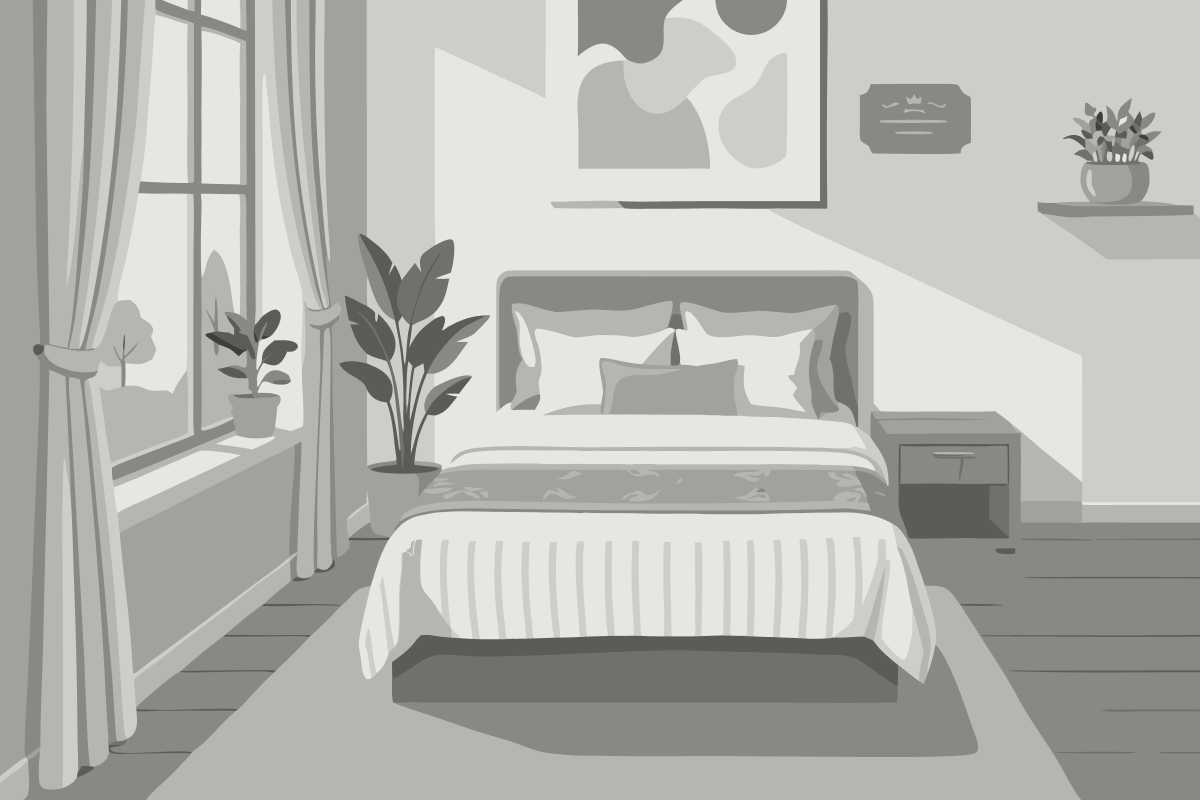 Zimmer mit Kingsize-Bett und Gartenblick.